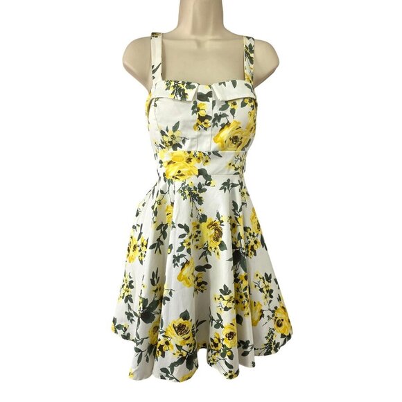 IXIA 40s Inspired Bold Yellow Floral Sundress Sz S Sweetheart Neck Tie Back - Picture 1 of 7